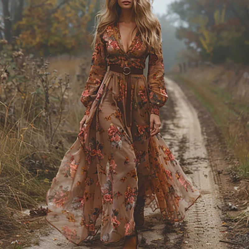 Sophie | Boho Maxi Jurk Met V-hals En Lange Mouwen Voor Dames 3