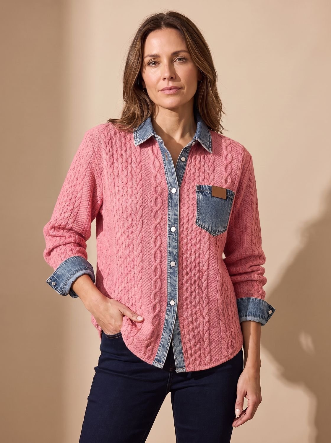 Detail van de denim omslagmanchetten van het BRINDEL overshirt