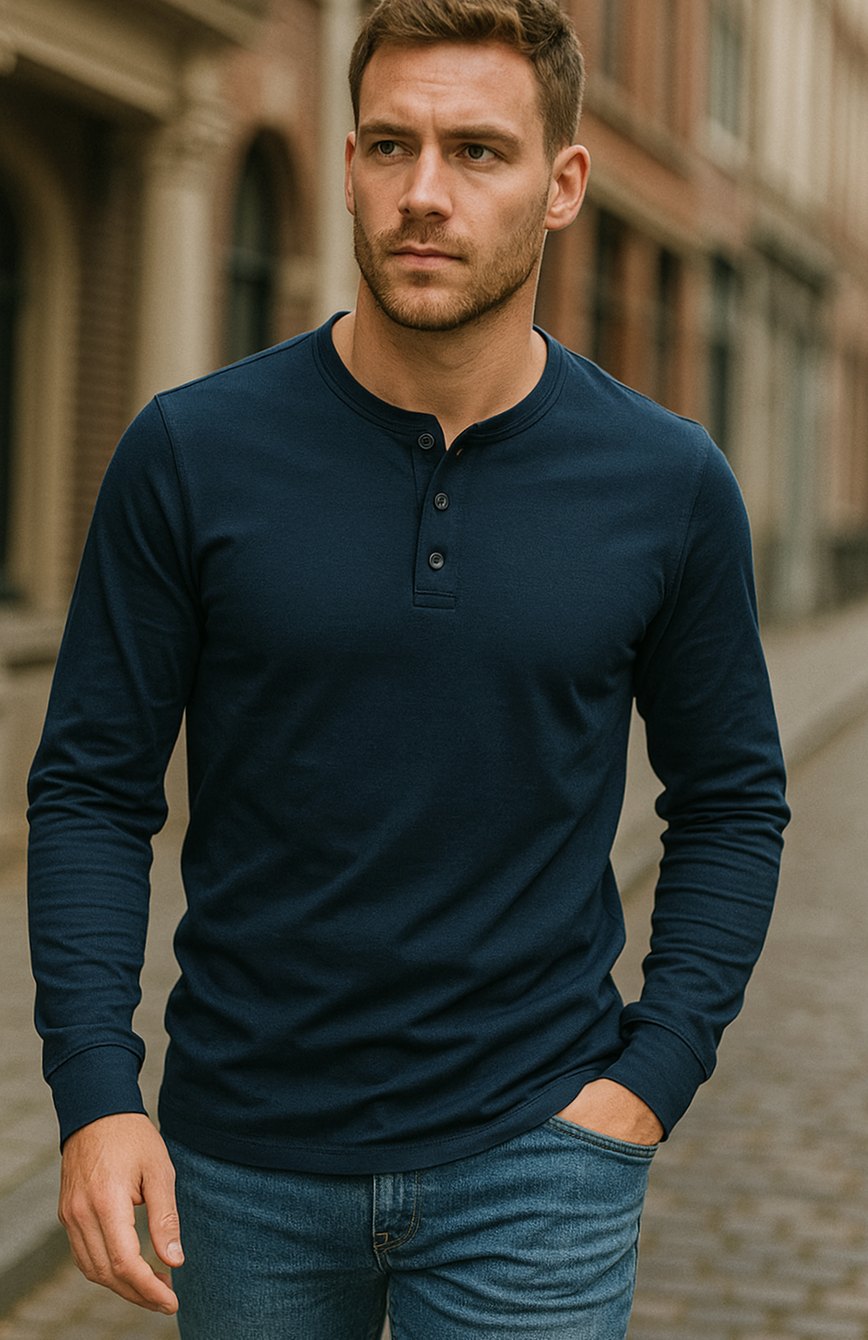 Achteraanzicht van het DALTON heren henley shirt met lange mouwen