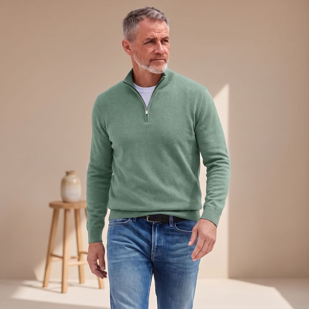 Heren pullover met kwartrits gecombineerd met chino broek