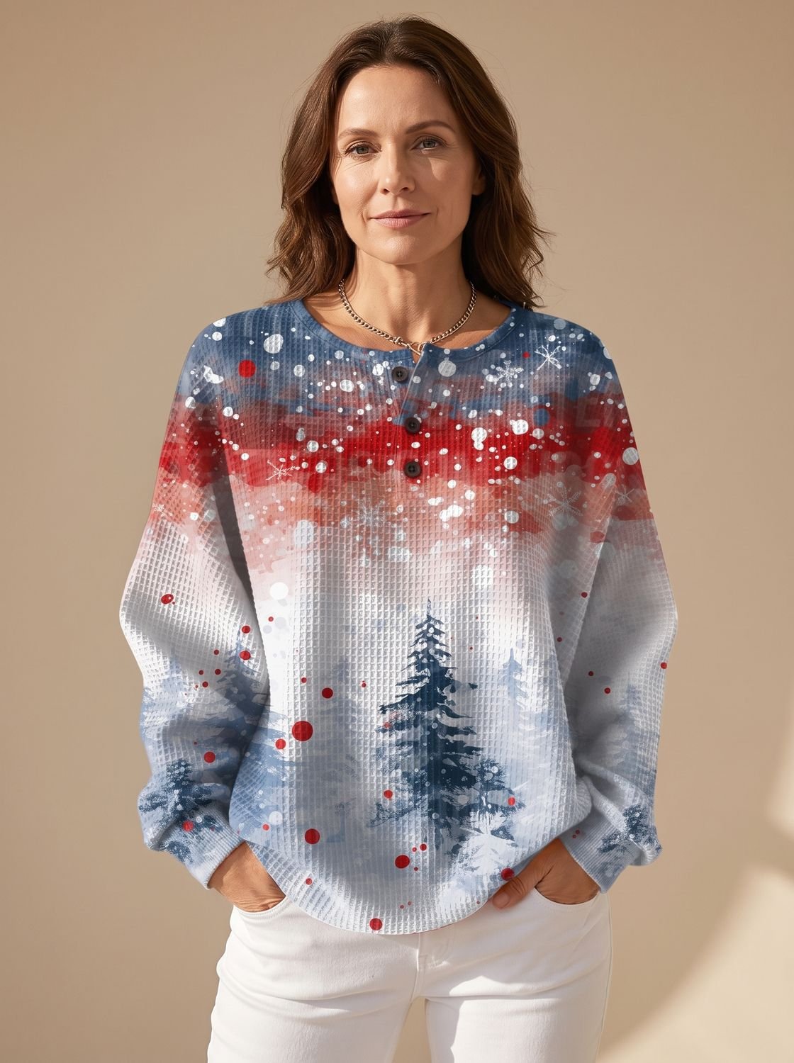 Dames kerstsweater met wafelstructuur en dennenboomprint, gezellige winter trui