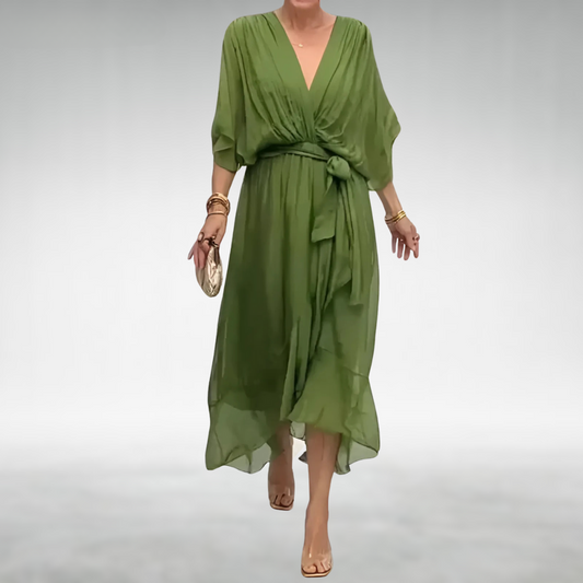 Lara | Elegante Lange Jurk Dames met Diepe V-hals en Oversized Mouwen 0
