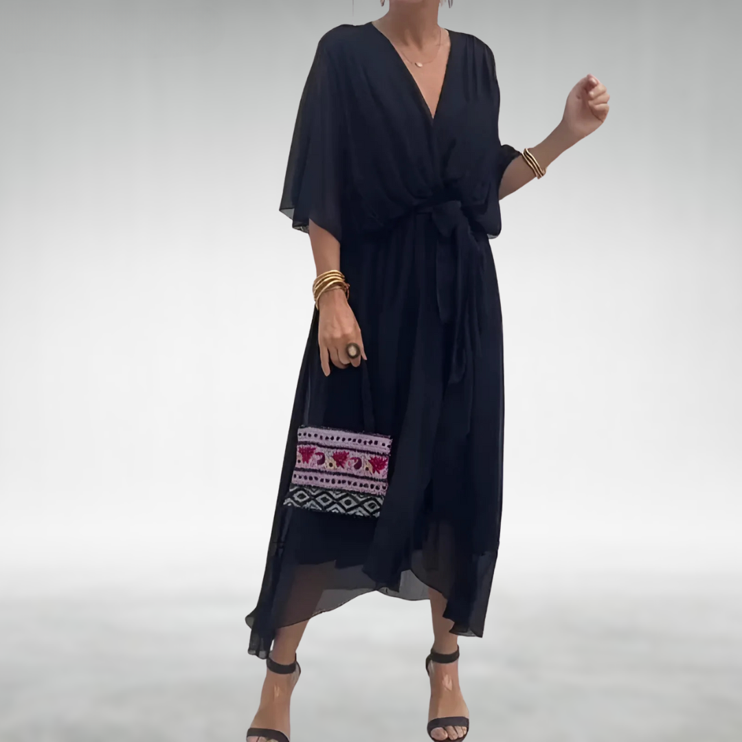 Lara | Elegante Lange Jurk Dames met Diepe V-hals en Oversized Mouwen 1