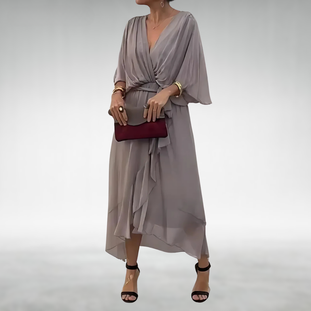 Lara | Elegante Lange Jurk Dames met Diepe V-hals en Oversized Mouwen 2