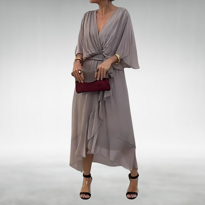 Lara | Elegante Lange Jurk Dames met Diepe V-hals en Oversized Mouwen 2