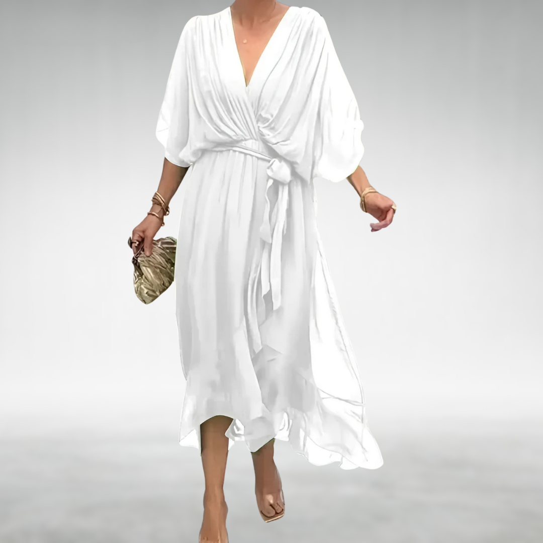 Lara | Elegante Lange Jurk Dames met Diepe V-hals en Oversized Mouwen 3