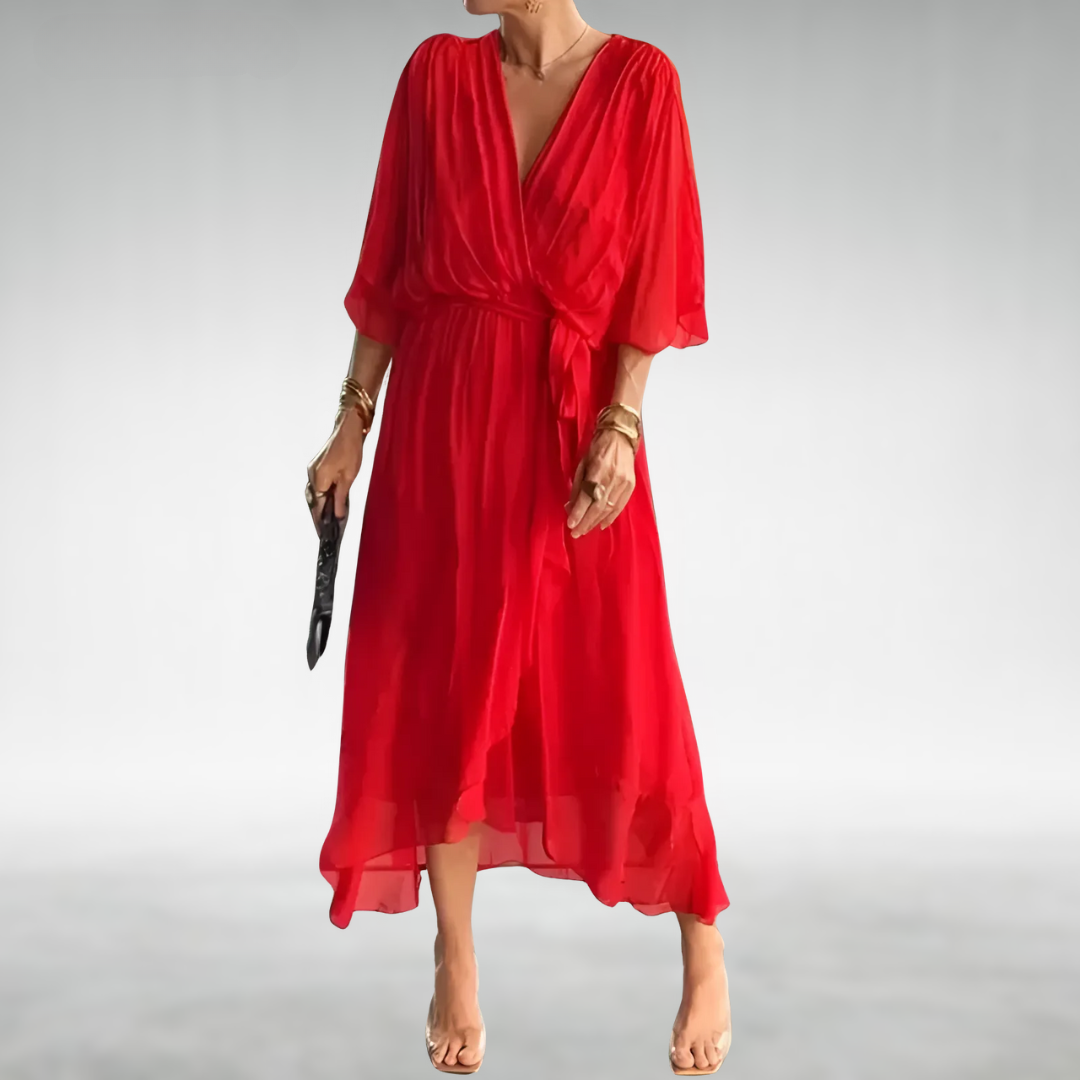 Lara | Elegante Lange Jurk Dames met Diepe V-hals en Oversized Mouwen 4