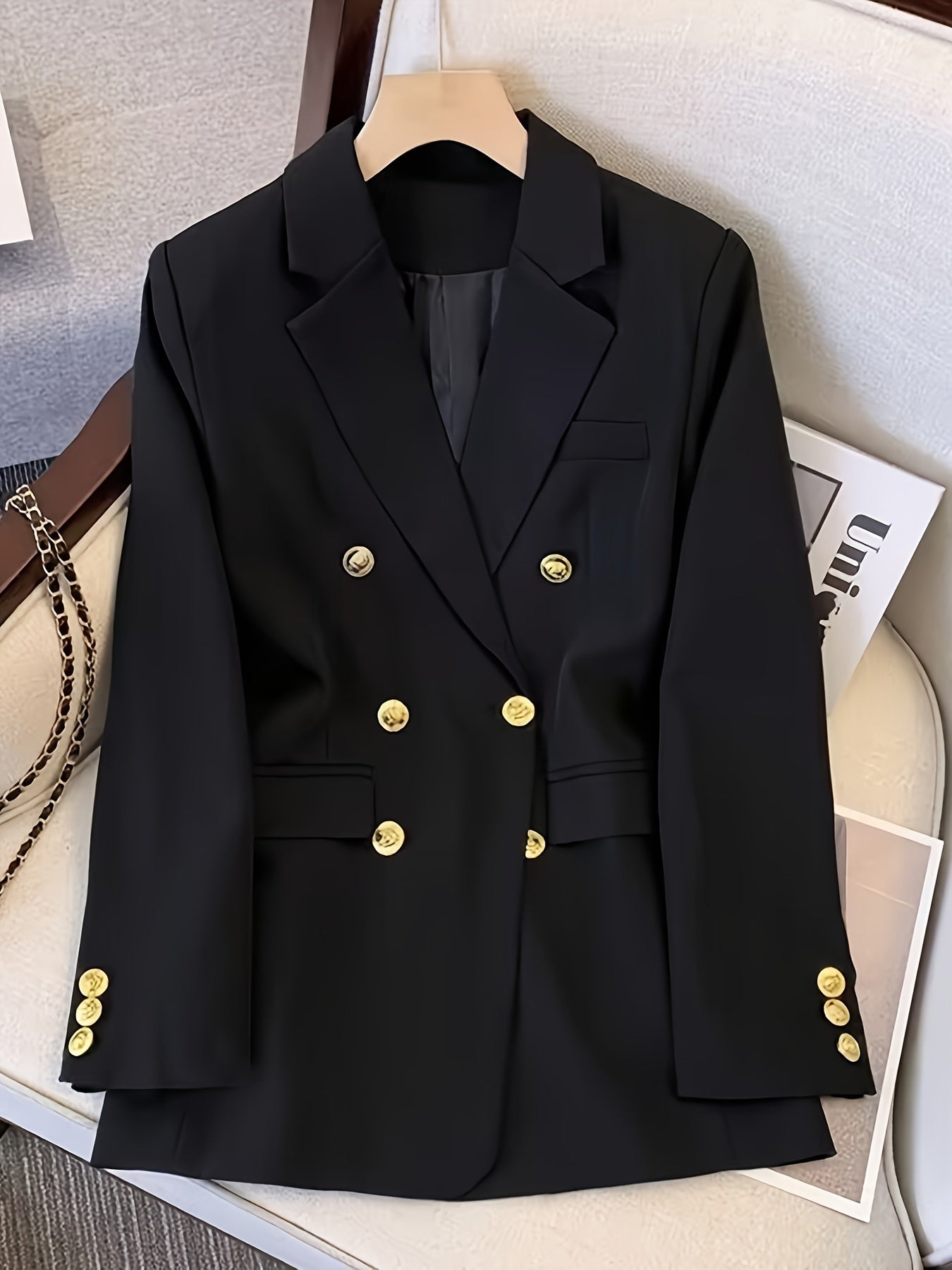 Lena | Lange Zwarte Dames Blazer Met Dubbele Rij Knopen Voor Winter 0