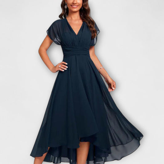 Lena | Midi Jurk Dames met V-hals en Asymmetrische Zoom voor Bruiloft en Zomerfeest 0
