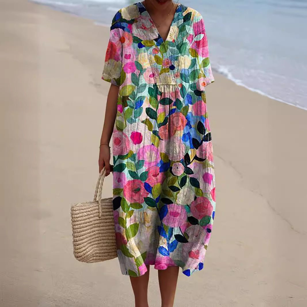Lotte | Zomerjurk Dames Met Bloemenprint en V-Hals Knielengte 0