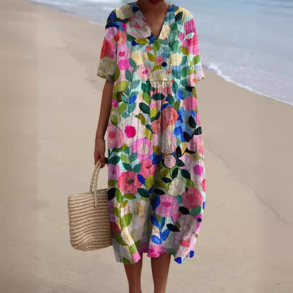 Lotte | Zomerjurk Dames Met Bloemenprint en V-Hals Knielengte 0