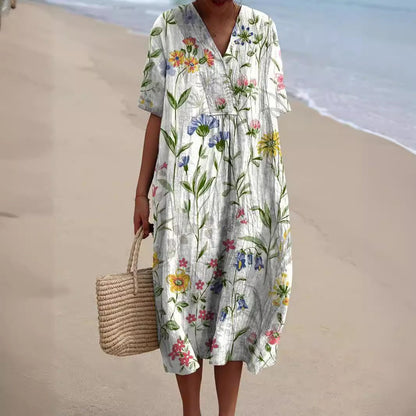 Lotte | Zomerjurk Dames Met Bloemenprint en V-Hals Knielengte 1