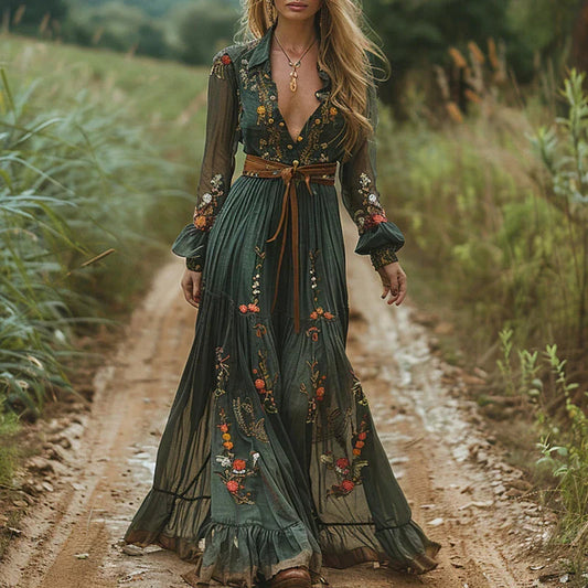 Sophie | Boho Maxi Jurk Met V-hals En Lange Mouwen Voor Dames 0
