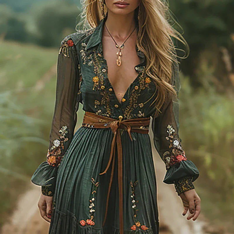 Sophie | Boho Maxi Jurk Met V-hals En Lange Mouwen Voor Dames 1