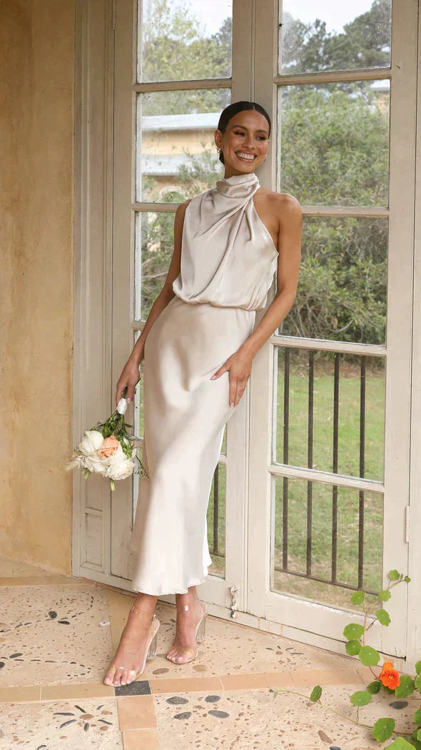Sophie | Elegante Halter Midi-Jurk voor Dames met Gedrapeerde Halslijn 0