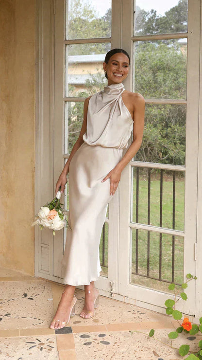 Sophie | Elegante Halter Midi-Jurk voor Dames met Gedrapeerde Halslijn 0
