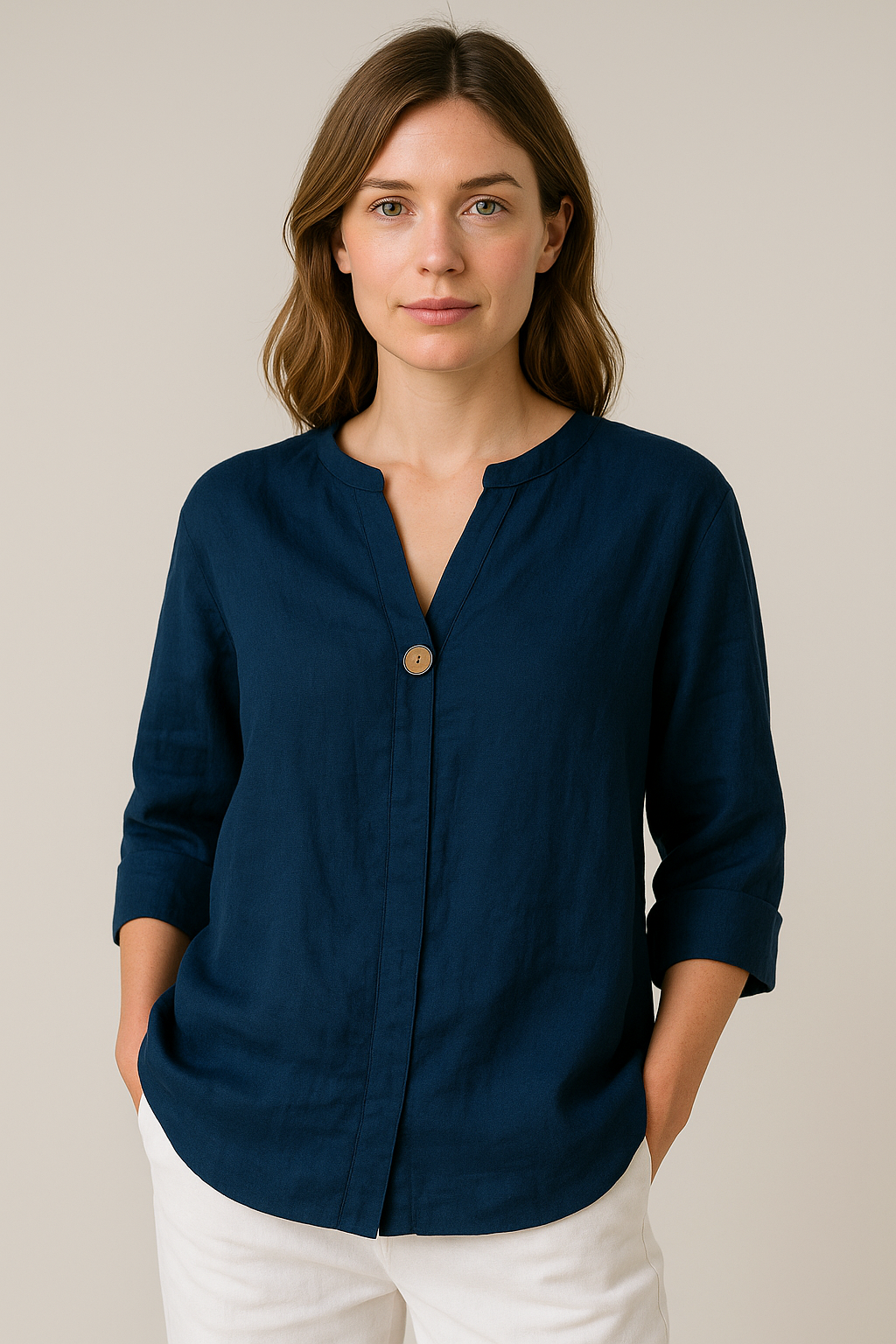 Sophie | Korte Mouw Damesblouse met V-hals en Knoopdetail voor Zomer 1