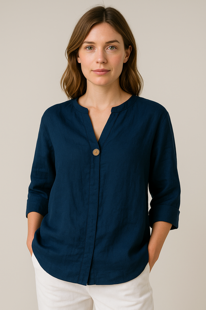 Sophie | Korte Mouw Damesblouse met V-hals en Knoopdetail voor Zomer 1