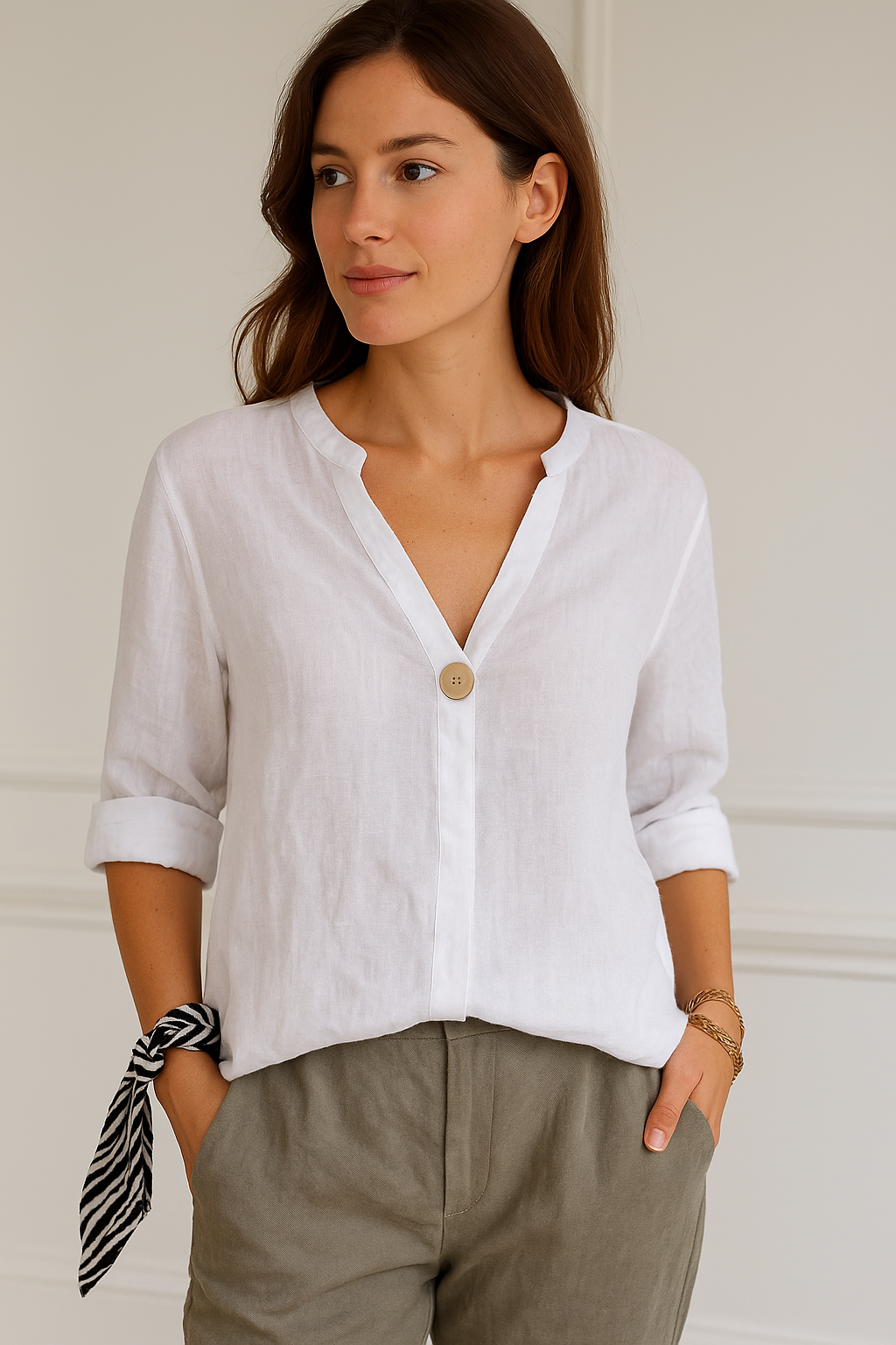 Sophie | Korte Mouw Damesblouse met V-hals en Knoopdetail voor Zomer 2
