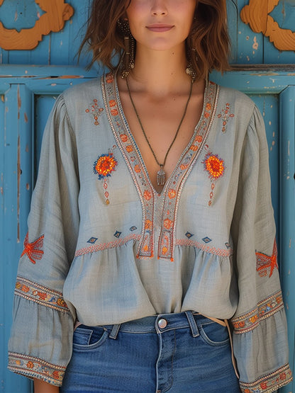 Sophie | Witte Dames Blouse Korte Mouw met V-hals en Geborduurde Accenten 0