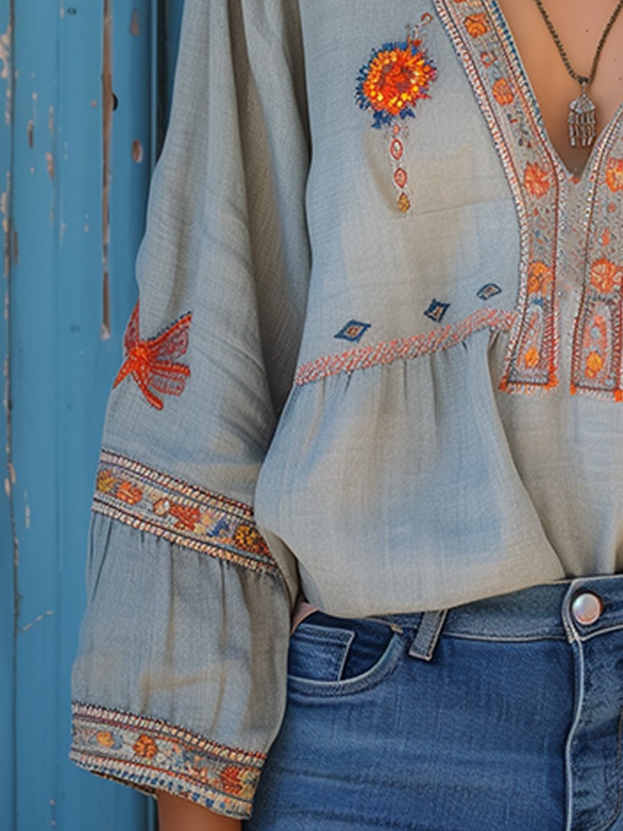 Sophie | Witte Dames Blouse Korte Mouw met V-hals en Geborduurde Accenten 3