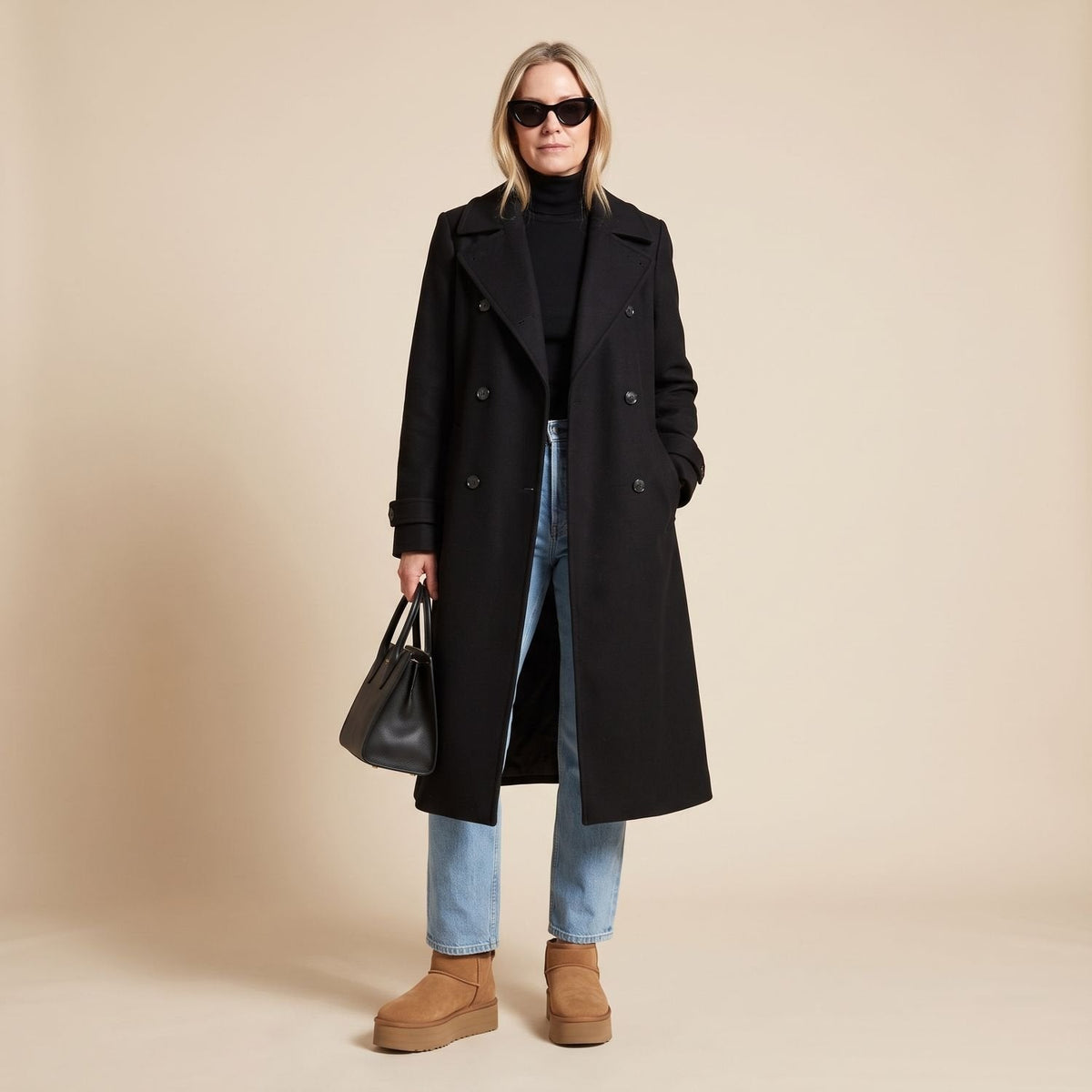 Dame draagt lange zwarte trenchcoat met ceintuur en schouderdetails