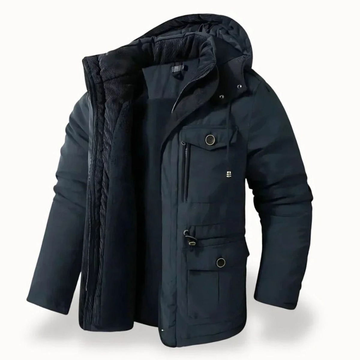 Achteraanzicht van de BRANOR heren winterjas met capuchon