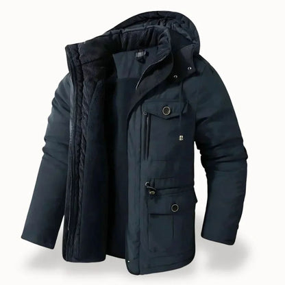 Achteraanzicht van de BRANOR heren winterjas met capuchon