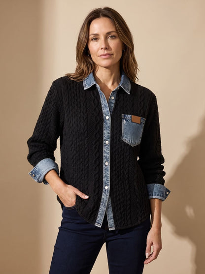 BRINDEL dames overshirt met kabelbreisel en denim kraag vooraanzicht