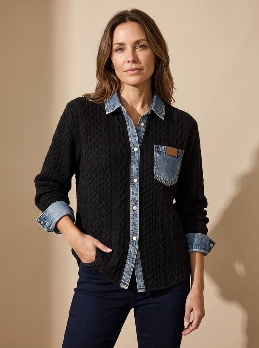 BRINDEL dames overshirt met kabelbreisel en denim kraag vooraanzicht