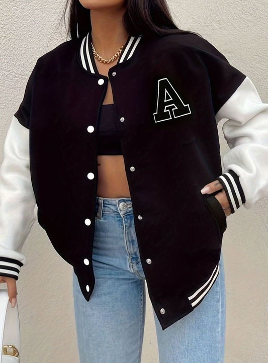 Dames oversized varsity bomberjack in zwart met contrasterende mouwen