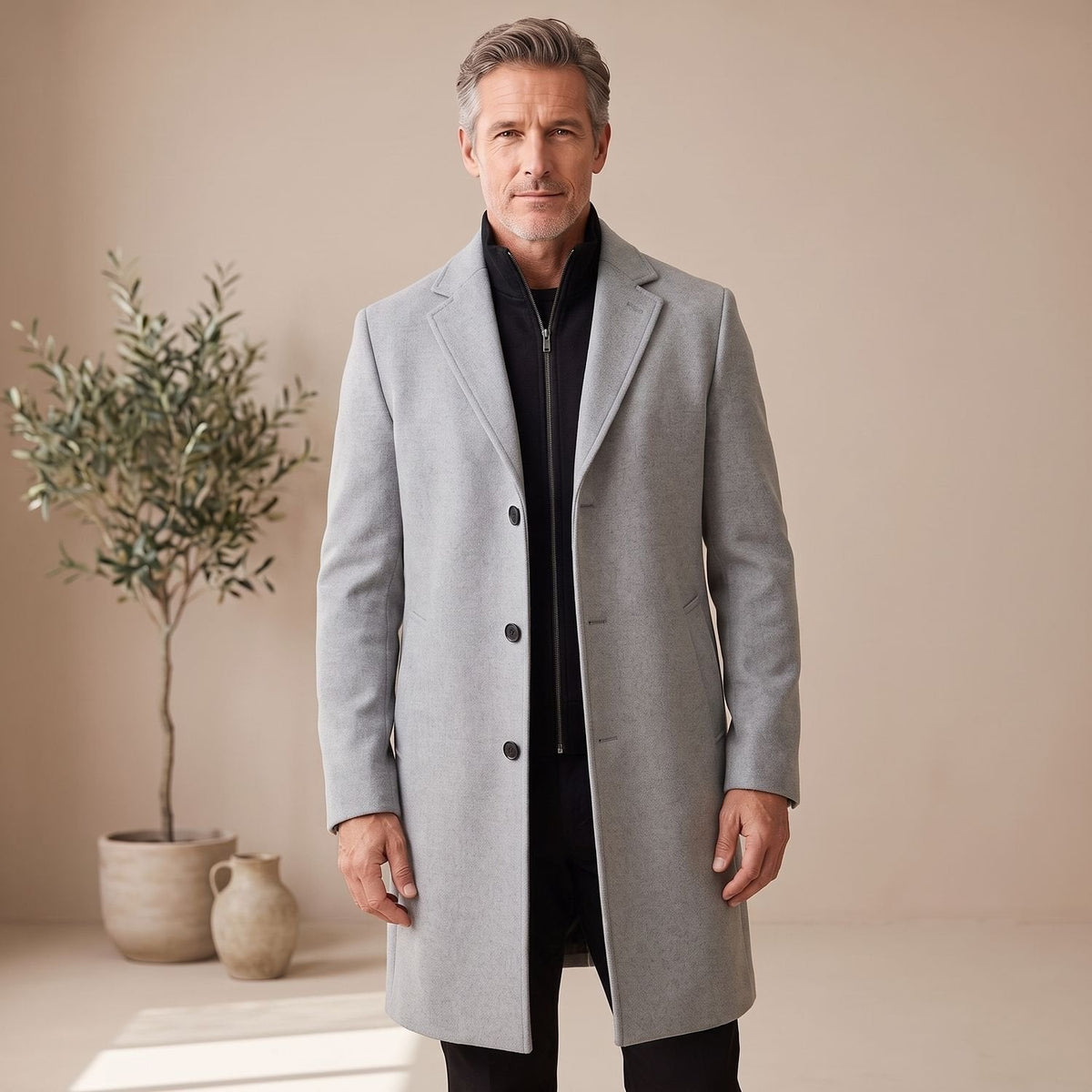 Model draagt de overjas over een pak voor een zakelijke look