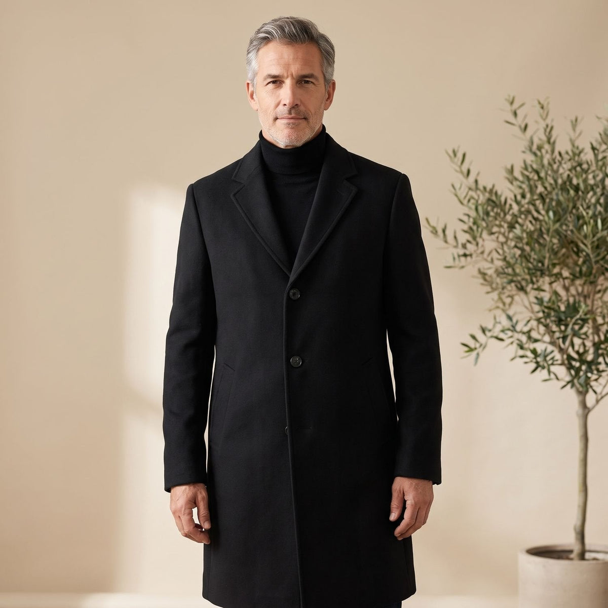 Model loopt buiten in de winter met de BROGARD overjas aan