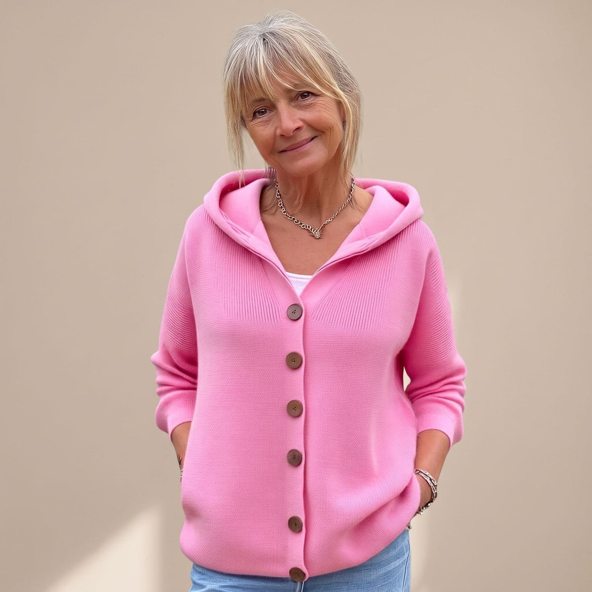 Dames hooded vest met knopen in relaxed fit, vooraanzicht
