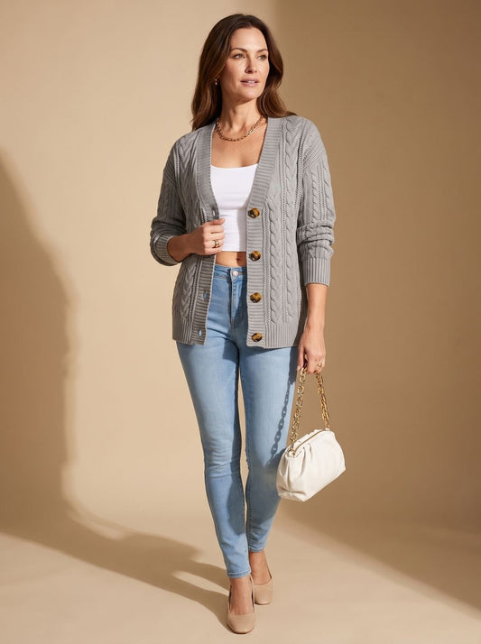 Dames vest met kabelpatroon en knoopsluiting, rondehals model