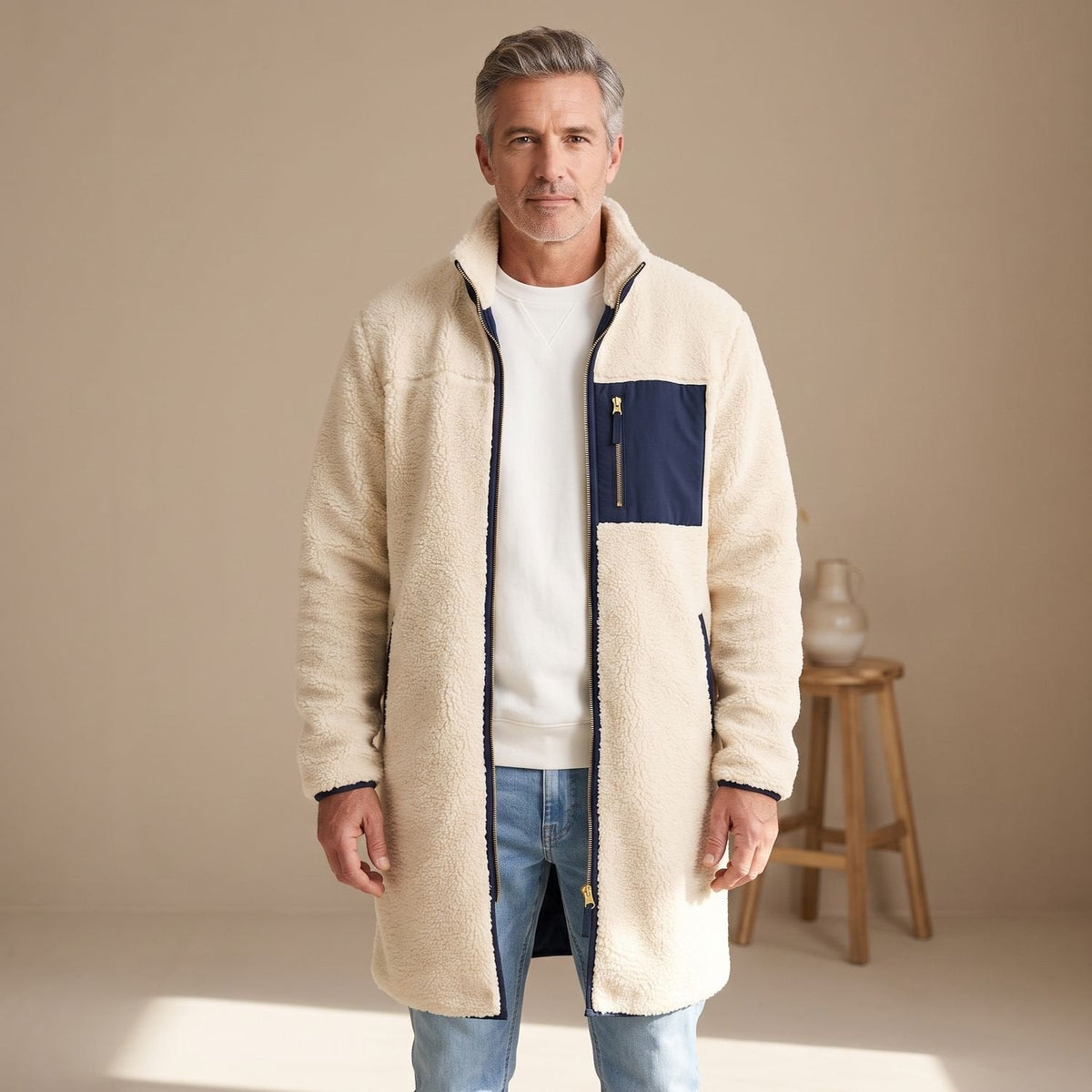 Sherpa fleece zijde van de omkeerbare herenmantel in detail