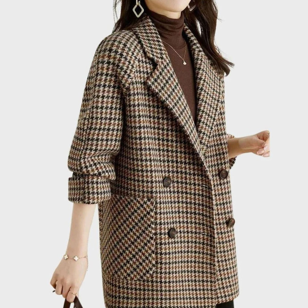 CORDELIA damesjas met pied-de-poule print en dubbele rij knopen