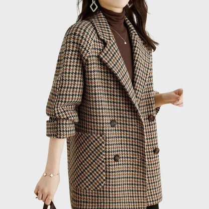 CORDELIA damesjas met pied-de-poule print en dubbele rij knopen