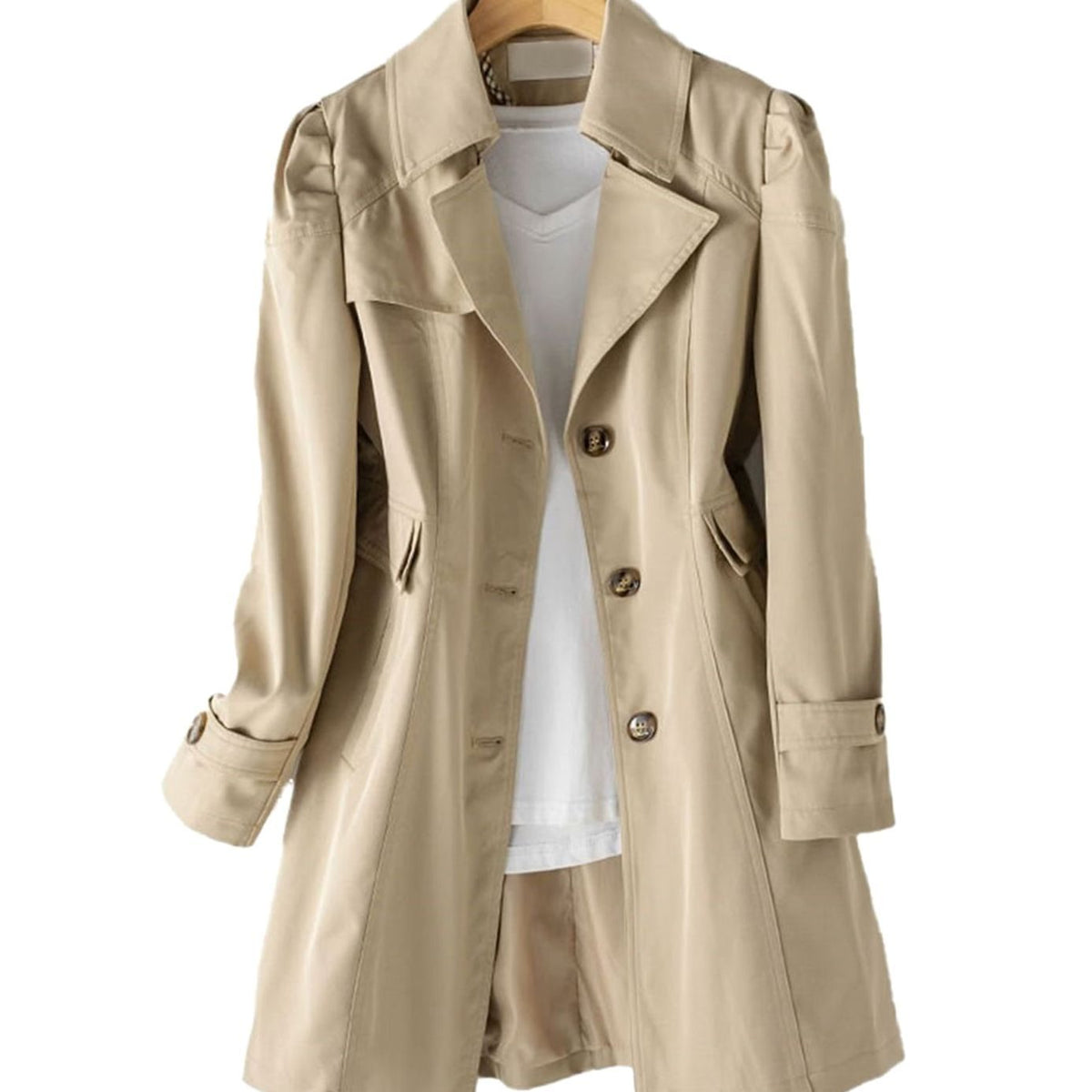 CORENTINE trenchcoat gedragen als stijlvolle outfit voor kantoor of weekend
