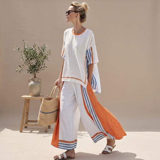 Dames linnen tweedelige set met streepprint en wijde broek