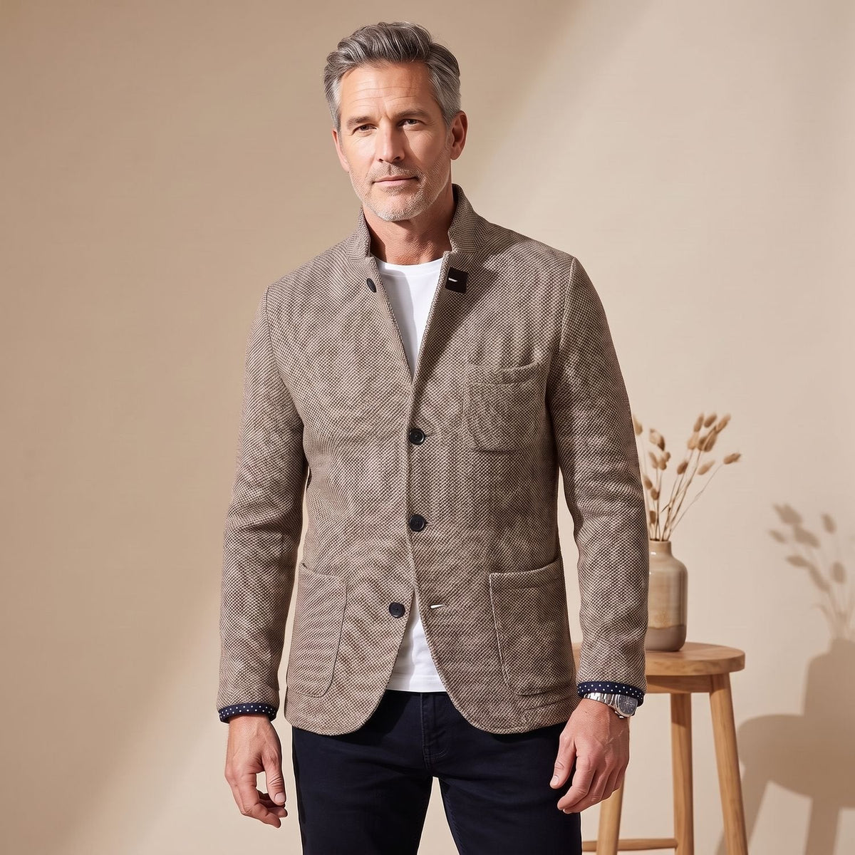 Man draagt slim-fit vest gecombineerd met chino voor zakelijke look