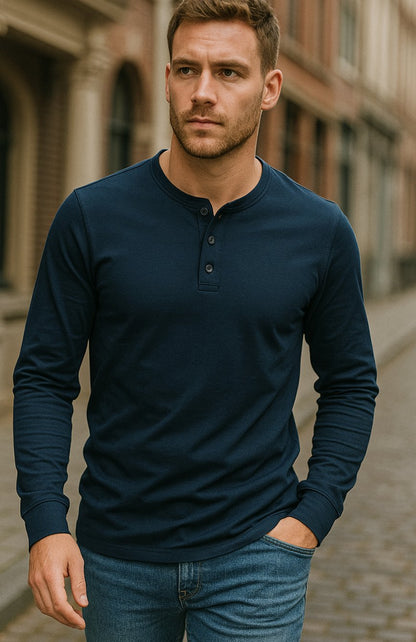 Achteraanzicht van het DALTON heren henley shirt met lange mouwen