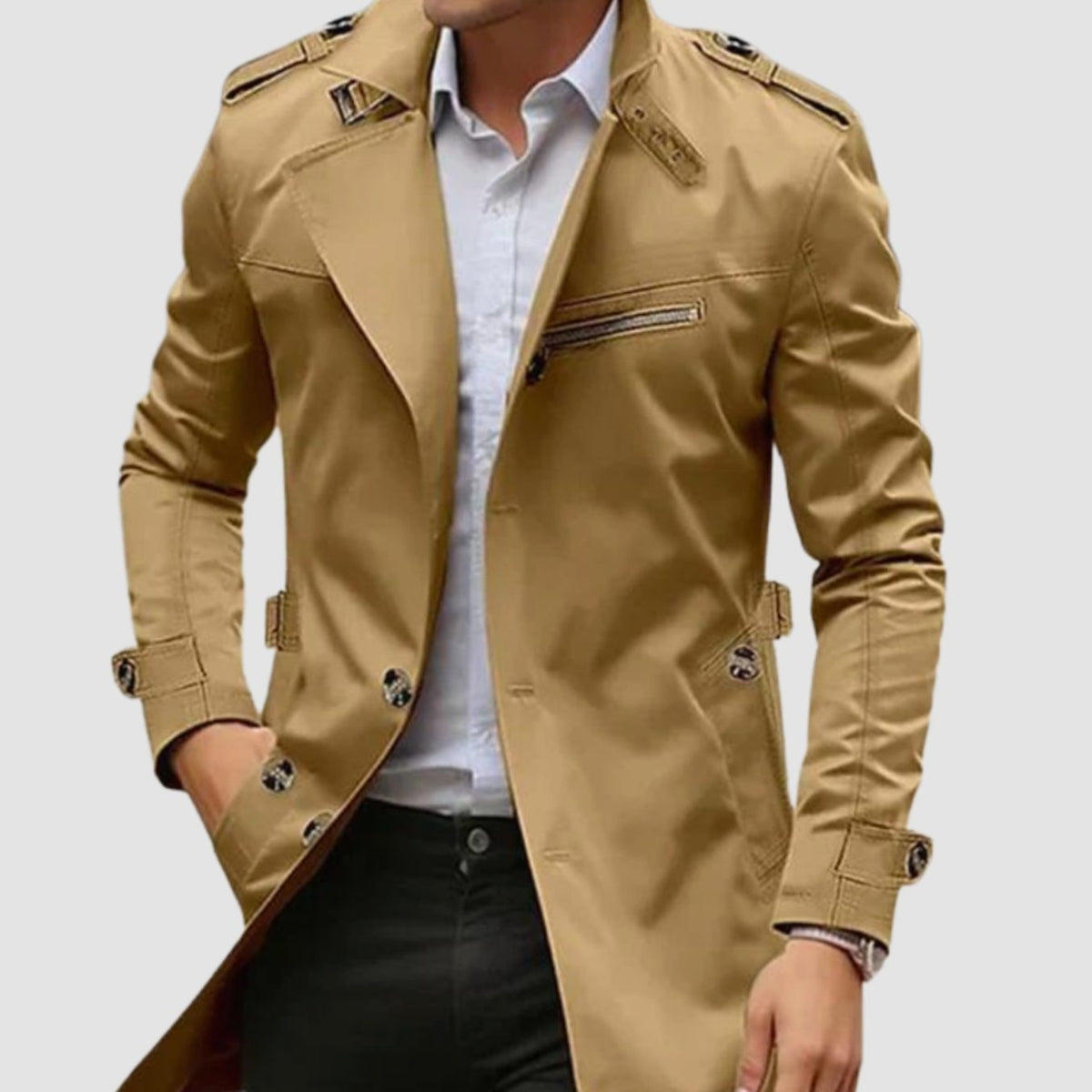 DORIAN slim fit trenchcoat voor heren met dubbele rij knopen, vooraanzicht