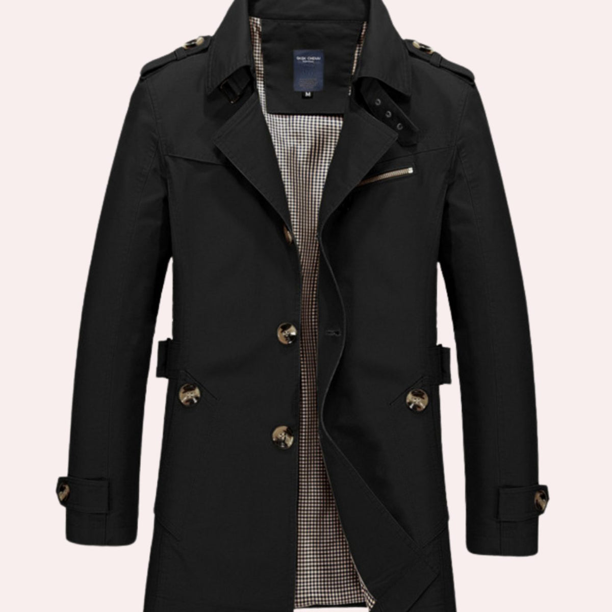 Man draagt DORIAN slim fit trenchcoat in stadsomgeving