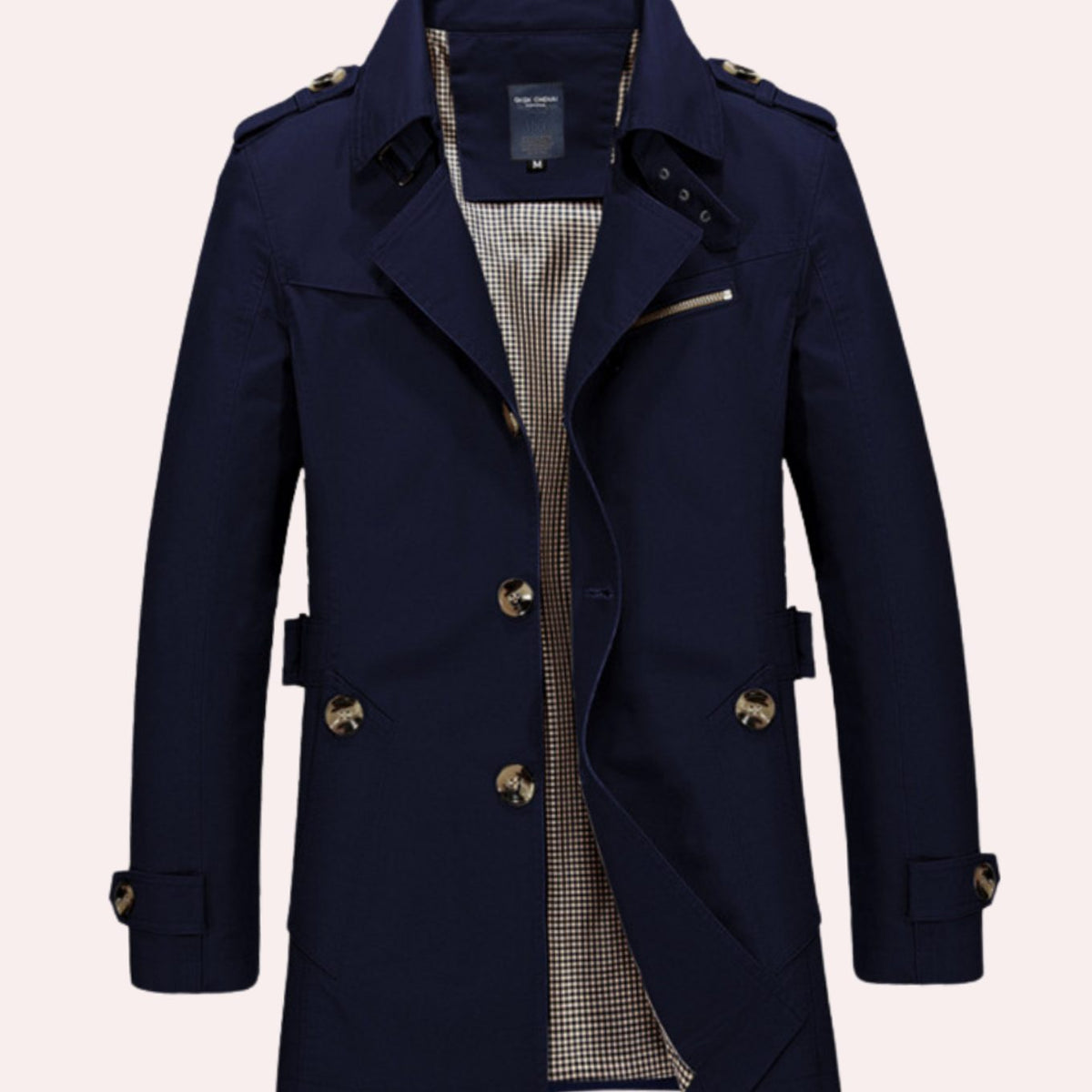Achteraanzicht van de DORIAN trenchcoat met strak silhouet