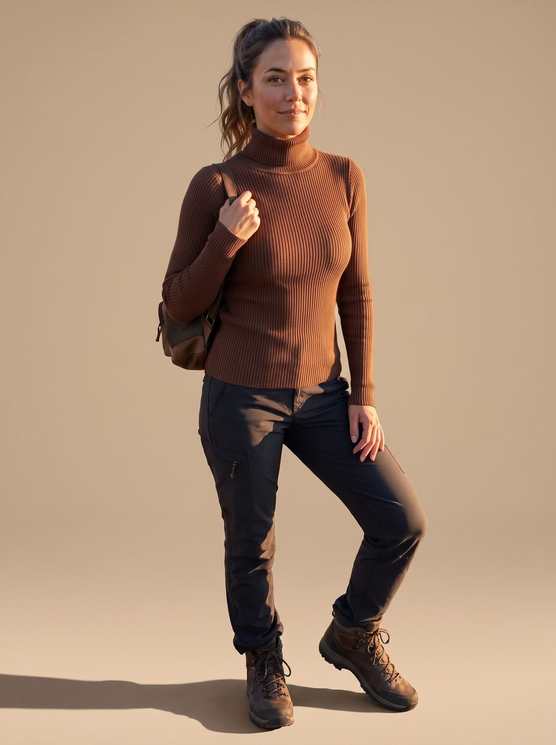 Dame draagt elegante ribgebreide coltrui in slim-fit model
