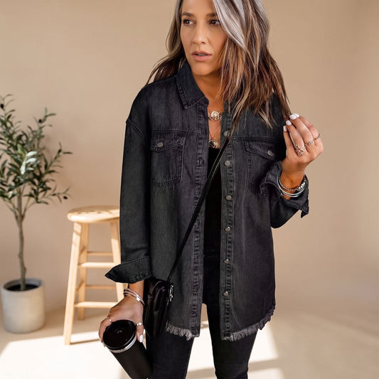 ELISABETH oversized denim jas voor dames met franjezoom