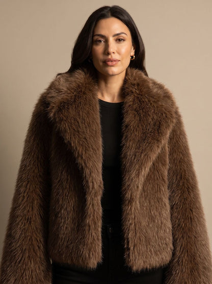 FAUXELLA korte damesjas met imitatiebont en oversized kraag