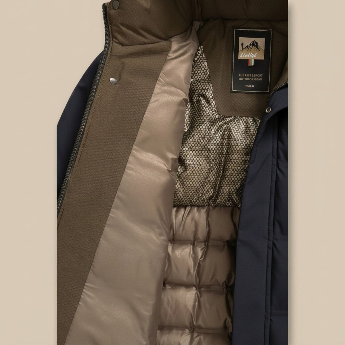 Close-up van de rits en stiksels van de winterjas