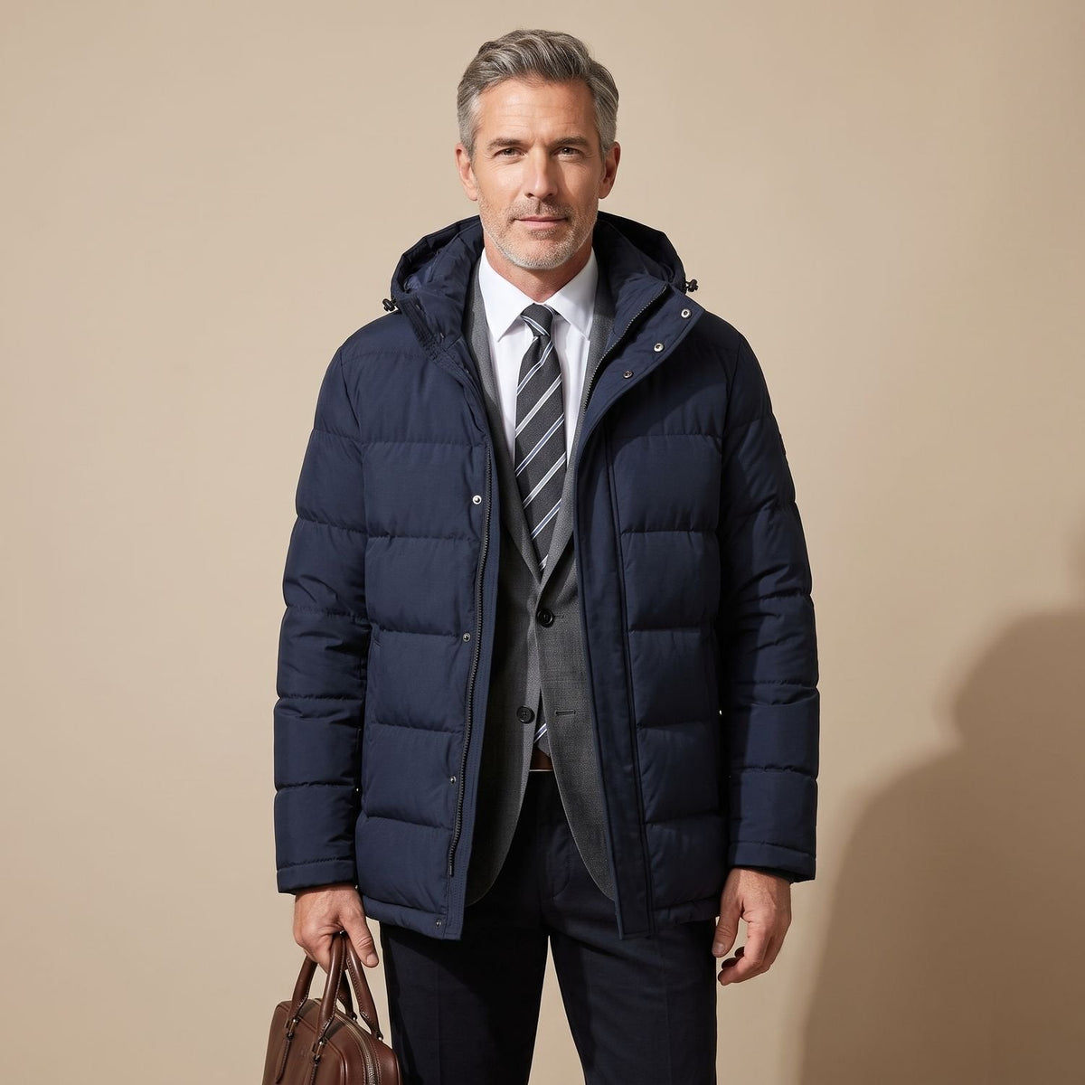 Model draagt oversized winterjas over een trui